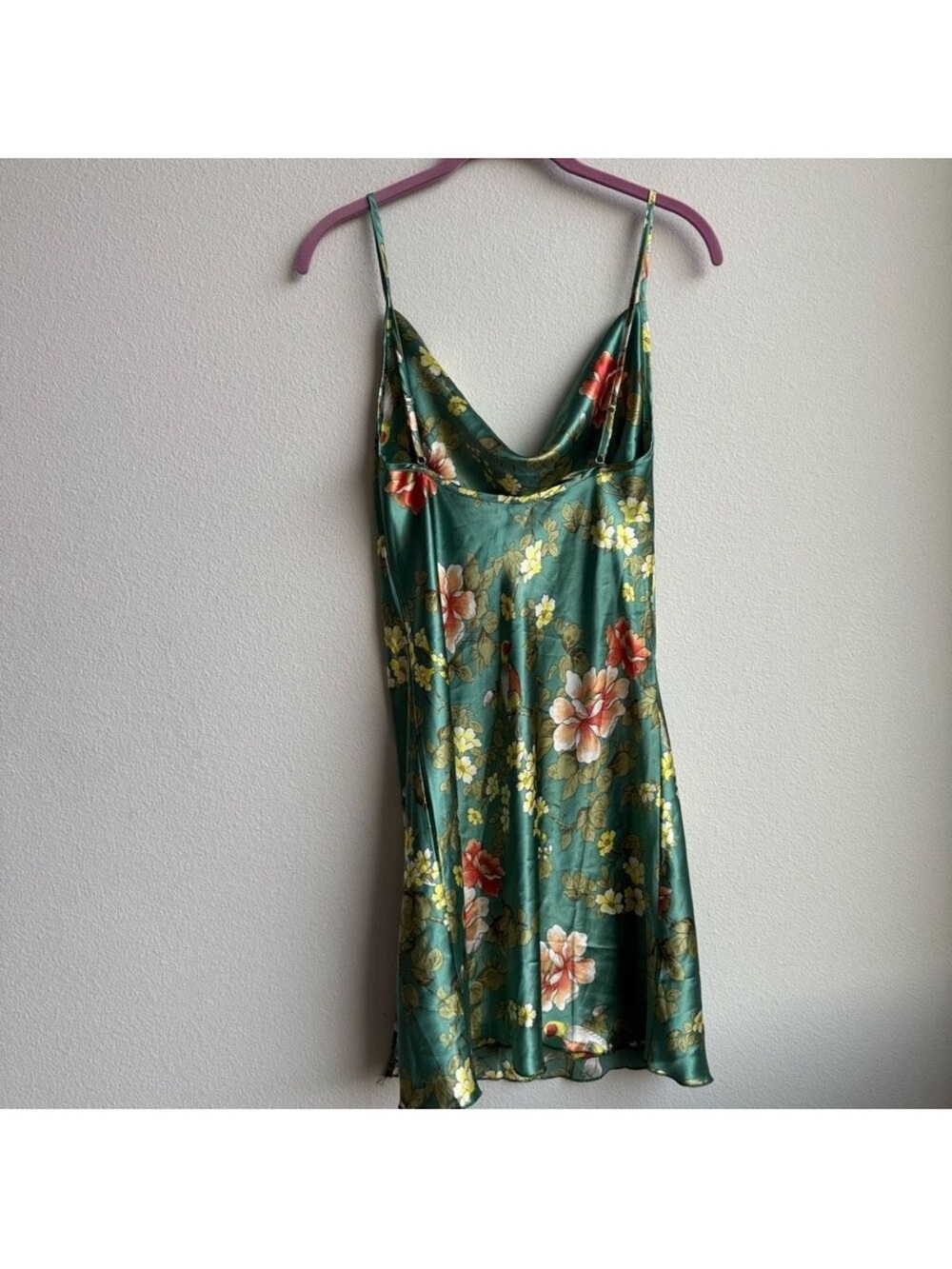 BOGO Green Floral Drape Neck Chest Strappy Mini Dress Satin - Picture 4 of 5